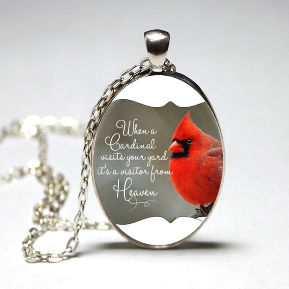 Cardinal in Heaven Pendant Necklace Oval Glass